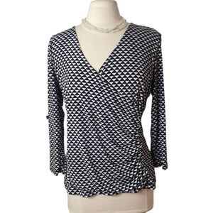 Liz Claiborne Womens V-Neck Wrap Top L Black White Geometric Office Casual Chic